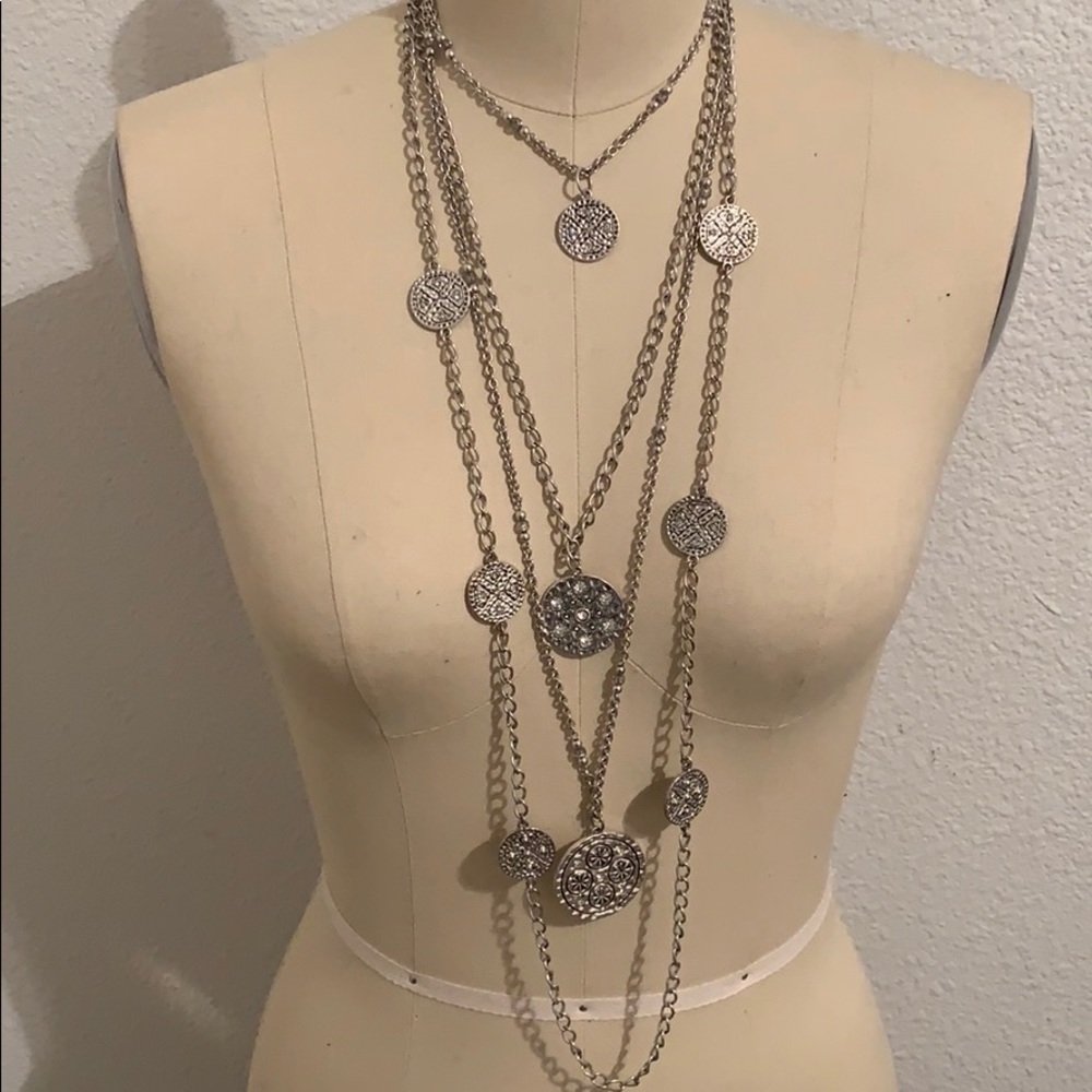 Multi-layer matte silver plated coin necklace